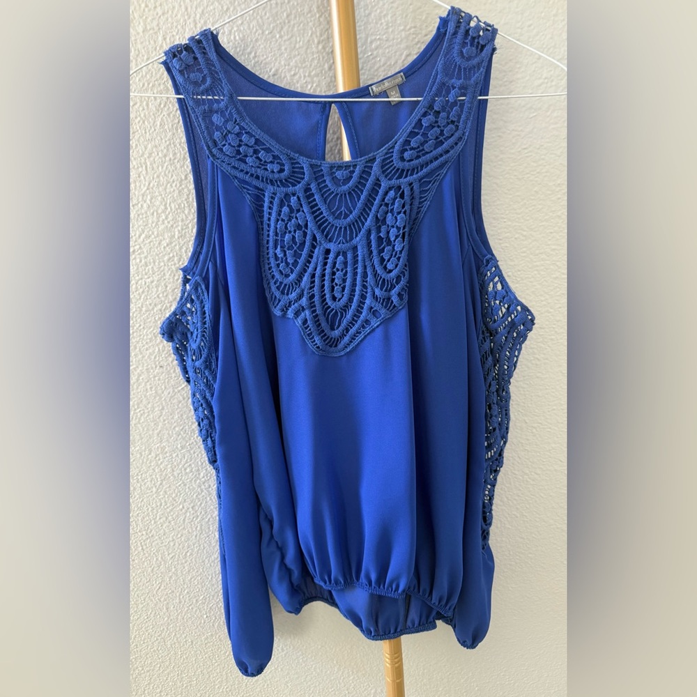 Royal blue long sleeve cold shoulder top with embroidery size Medium